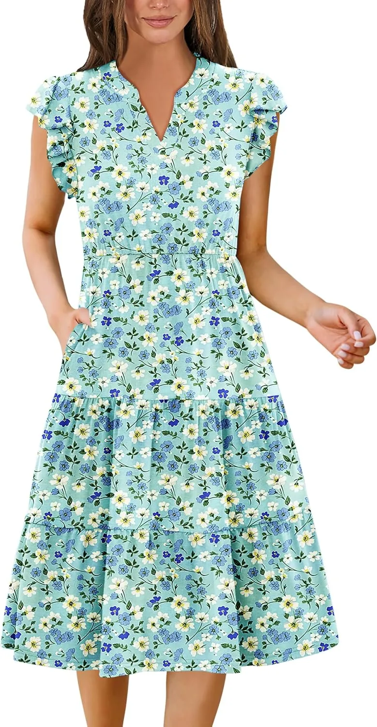 Zeagoo Womens Summer Casual Dresses Ruffle Sleeve V Neck Midi Dress Flowy Tiered Dress with Pockets Boho Sundresses