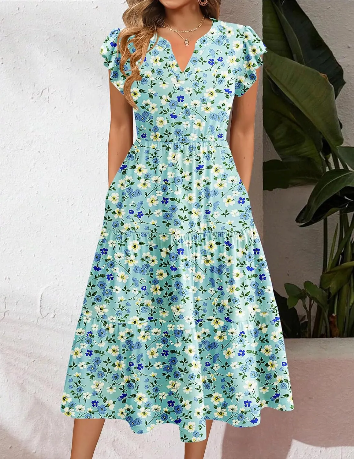 Zeagoo Womens Summer Casual Dresses Ruffle Sleeve V Neck Midi Dress Flowy Tiered Dress with Pockets Boho Sundresses