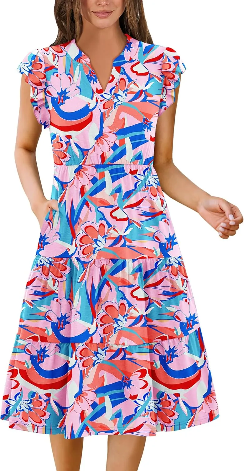 Zeagoo Womens Summer Casual Dresses Ruffle Sleeve V Neck Midi Dress Flowy Tiered Dress with Pockets Boho Sundresses