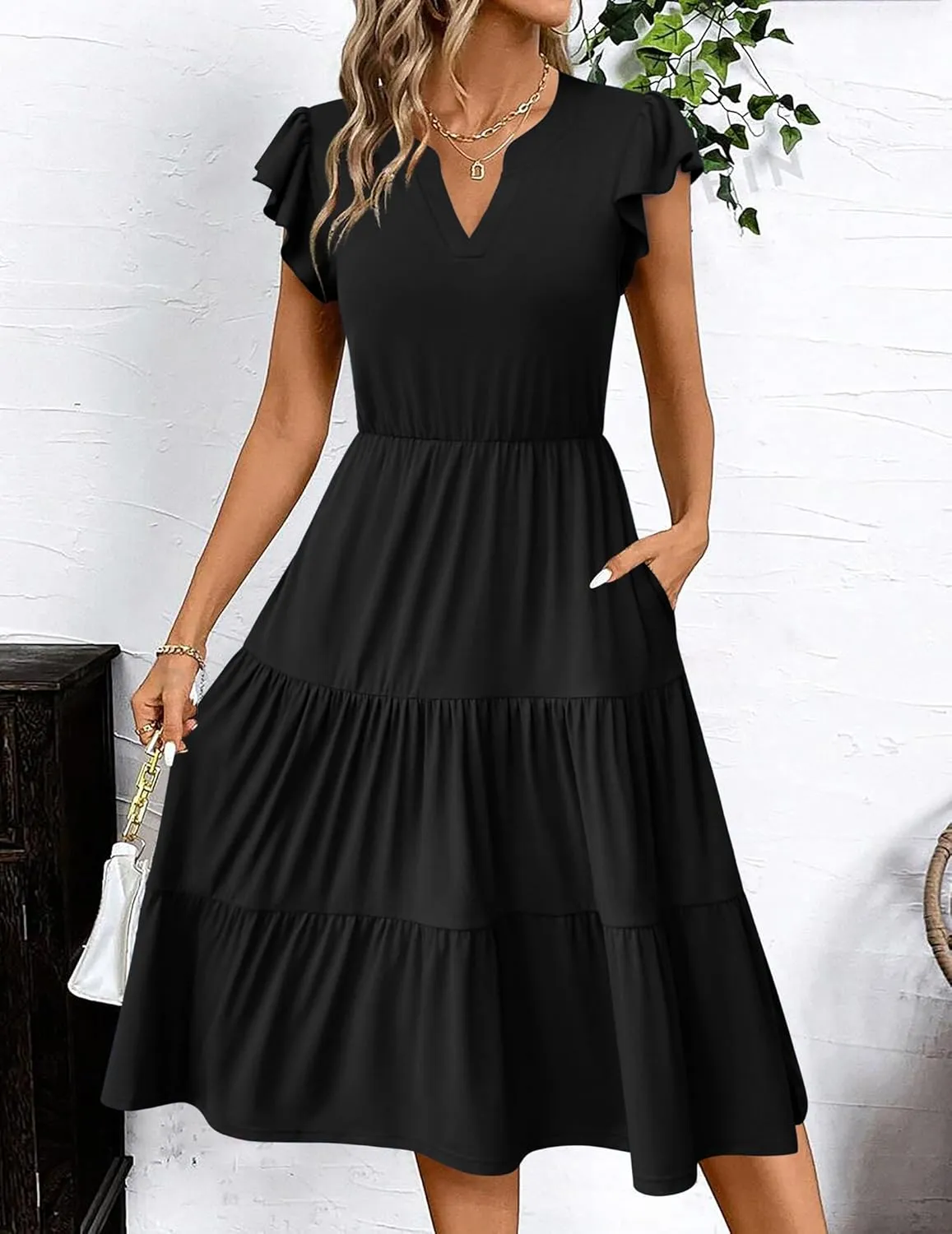 Zeagoo Womens Summer Casual Dresses Ruffle Sleeve V Neck Midi Dress Flowy Tiered Dress with Pockets Boho Sundresses