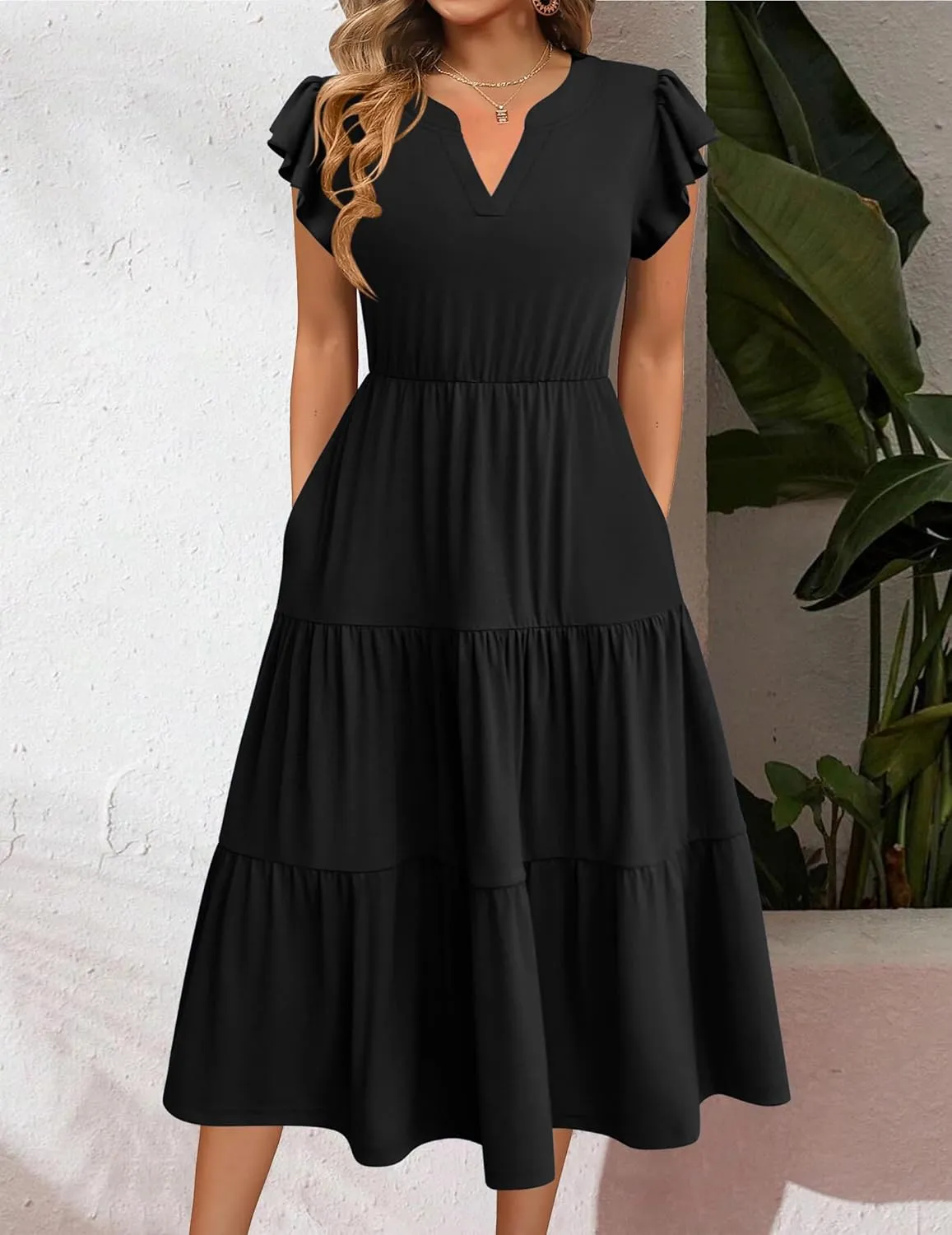Zeagoo Womens Summer Casual Dresses Ruffle Sleeve V Neck Midi Dress Flowy Tiered Dress with Pockets Boho Sundresses