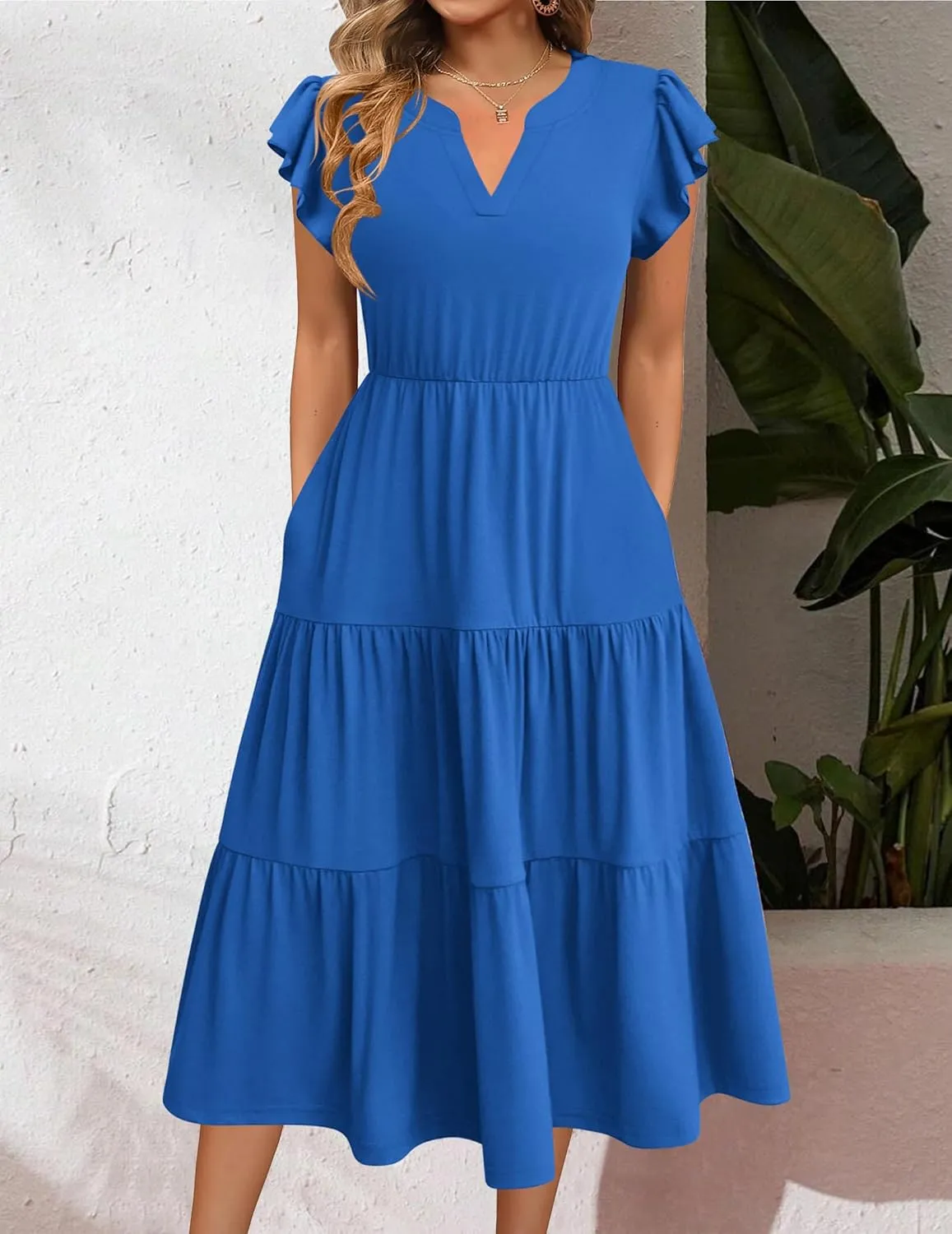 Zeagoo Womens Summer Casual Dresses Ruffle Sleeve V Neck Midi Dress Flowy Tiered Dress with Pockets Boho Sundresses