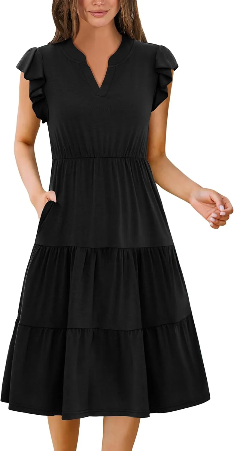 Zeagoo Womens Summer Casual Dresses Ruffle Sleeve V Neck Midi Dress Flowy Tiered Dress with Pockets Boho Sundresses