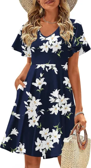 Zeagoo Womens Summer Dress Casual Swing Floral Ruffle Short Sleeve Sundresses Beach Mini A-line Shift Dress 2025 with Pockets