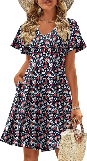 Zeagoo Womens Summer Dress Casual Swing Floral Ruffle Short Sleeve Sundresses Beach Mini A-line Shift Dress 2025 with Pockets
