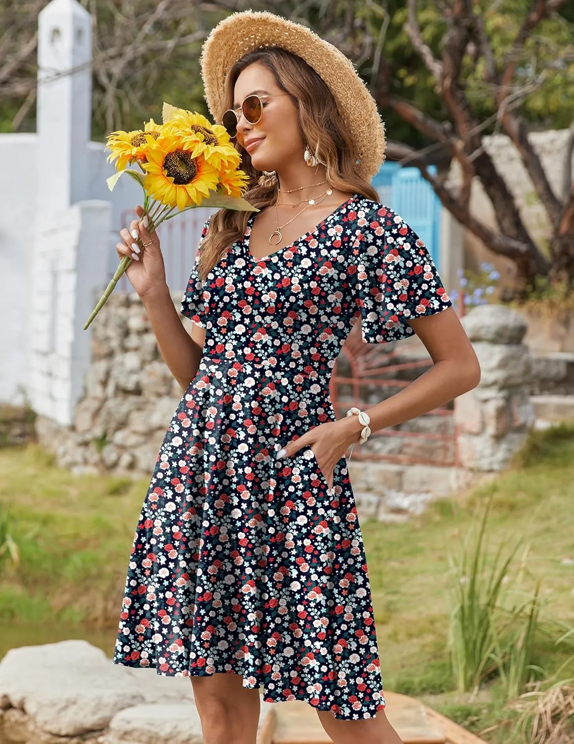 Zeagoo Womens Summer Dress Casual Swing Floral Ruffle Short Sleeve Sundresses Beach Mini A-line Shift Dress 2025 with Pockets