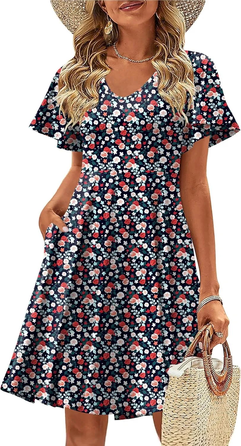 Zeagoo Womens Summer Dress Casual Swing Floral Ruffle Short Sleeve Sundresses Beach Mini A-line Shift Dress 2025 with Pockets