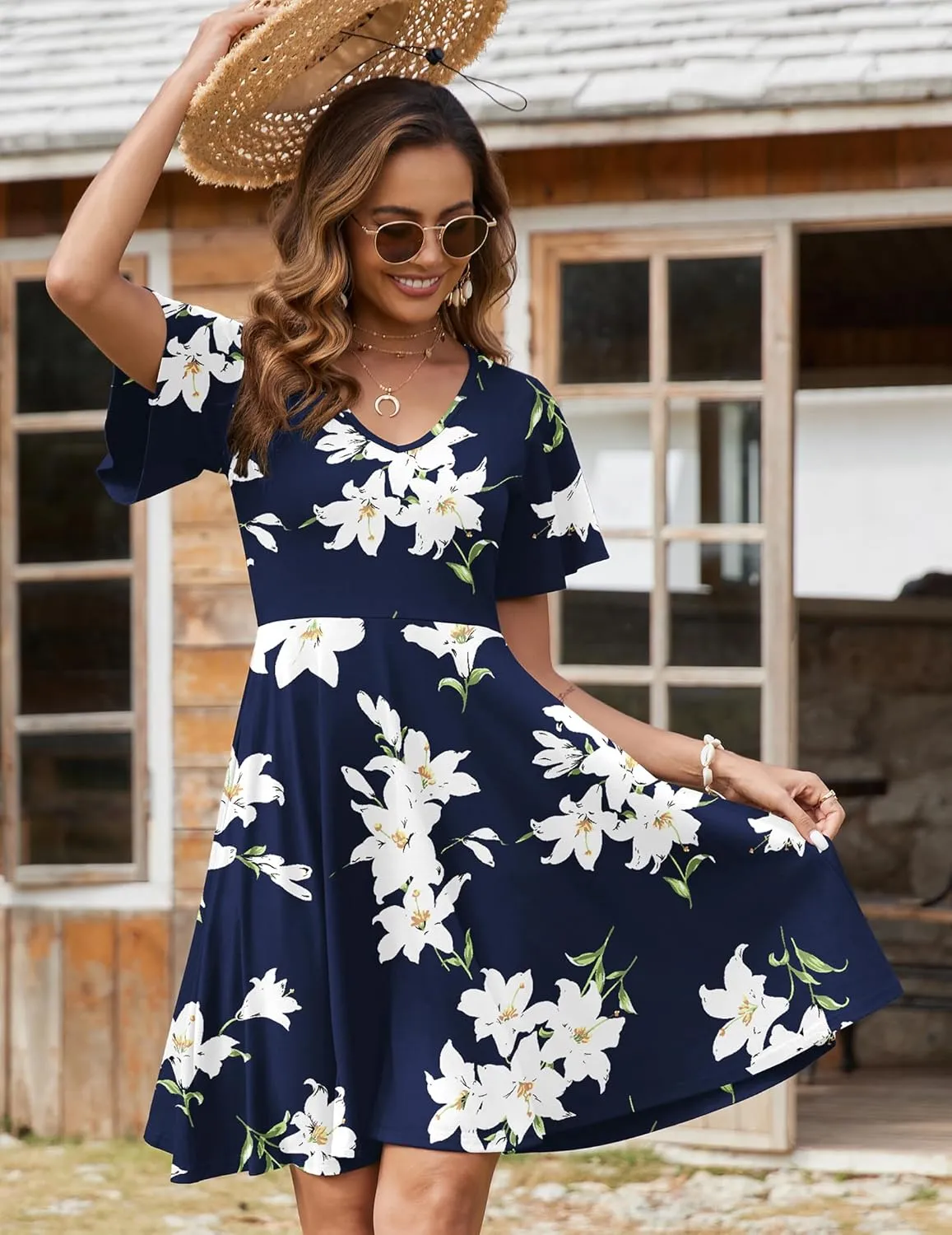 Zeagoo Womens Summer Dress Casual Swing Floral Ruffle Short Sleeve Sundresses Beach Mini A-line Shift Dress 2025 with Pockets
