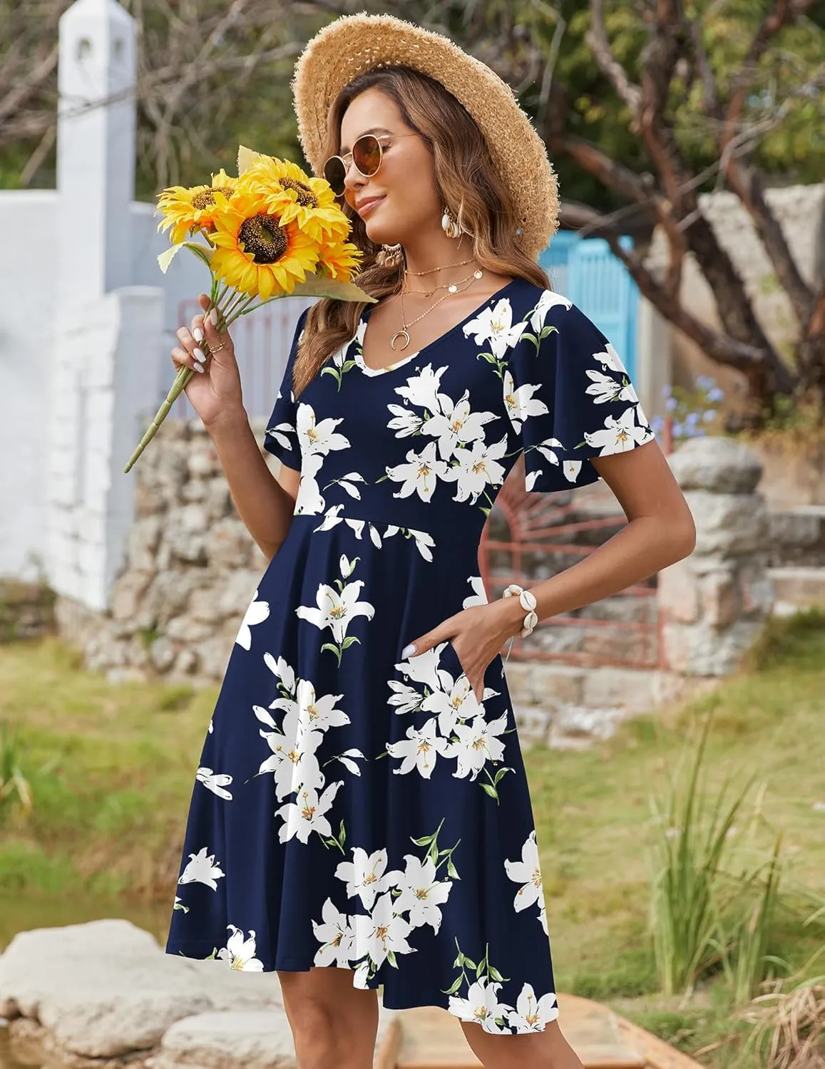 Zeagoo Womens Summer Dress Casual Swing Floral Ruffle Short Sleeve Sundresses Beach Mini A-line Shift Dress 2025 with Pockets