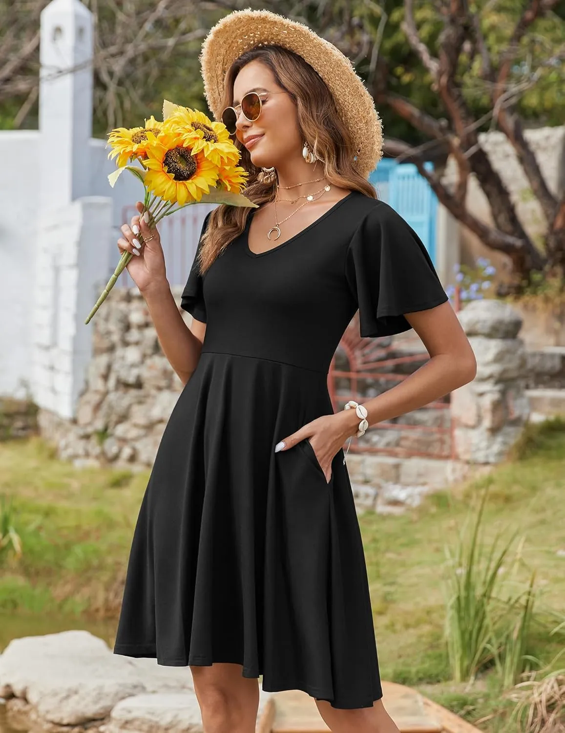 Zeagoo Womens Summer Dress Casual Swing Floral Ruffle Short Sleeve Sundresses Beach Mini A-line Shift Dress 2025 with Pockets